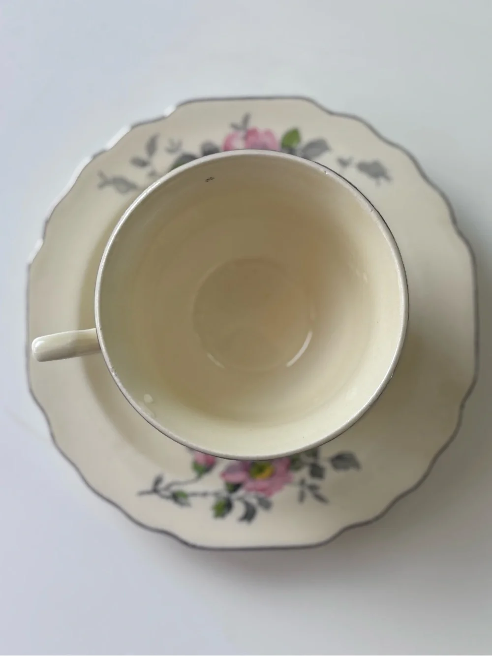 Vintage W.S. George Cream Floral Teacup and Saucer Set with Pink Rose Motif